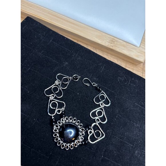 Silver & Black Stone Heart Link Bracelet With Box - Picture 7 of 9